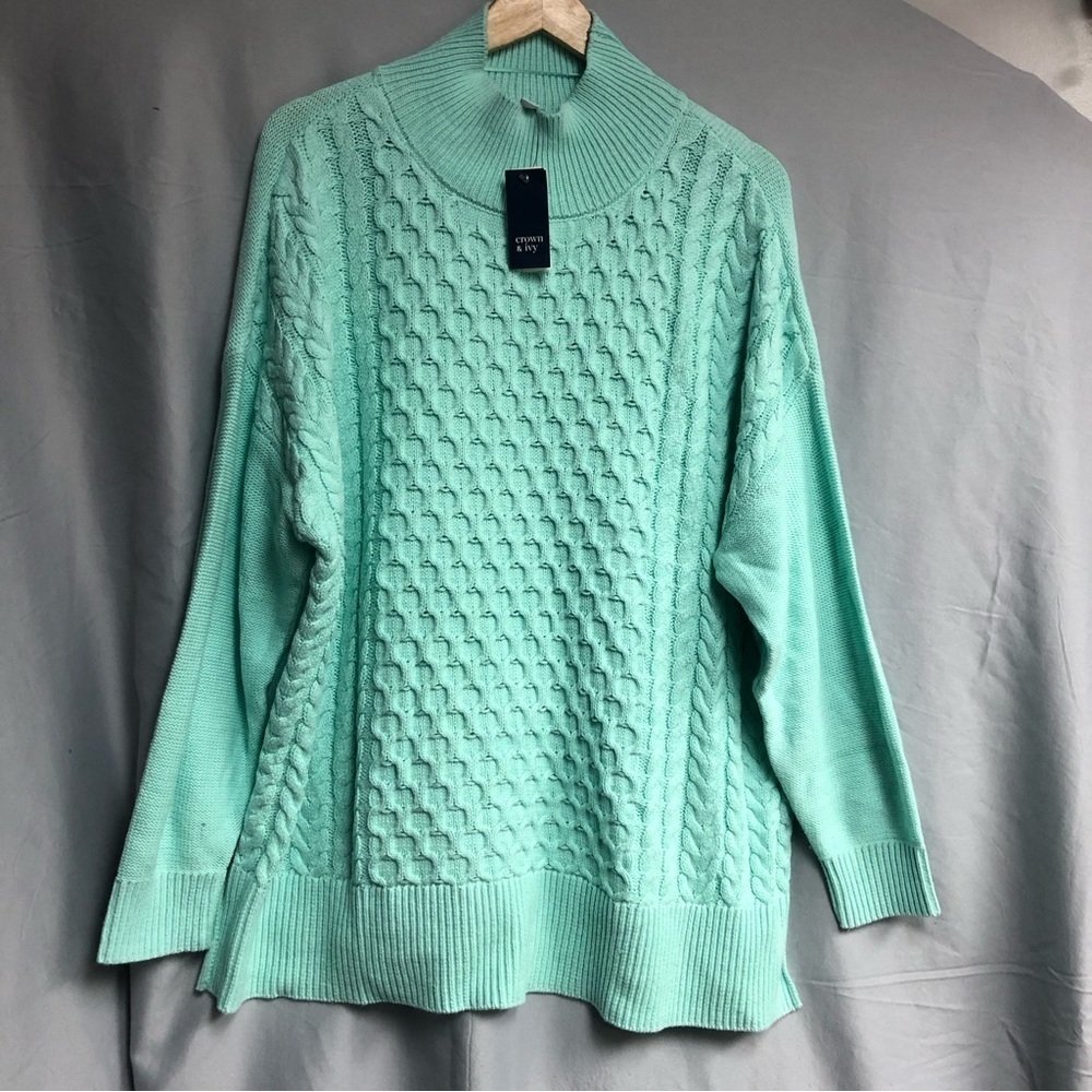 NWT Crown Ivy XL  Aqua turquoise mock turtleneck cable knit oversized sweater